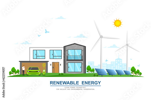 Environmental care and use clean green energy from renewable sources and low carbon concept, Modern smart eco house with Electric car charging system, Windmill farm, Wind power and Solar energy panel.