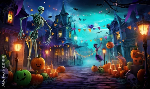 Skeletons Celebrating Halloween Party, Happy Halloween Background. Generative Ai © CYBERUSS