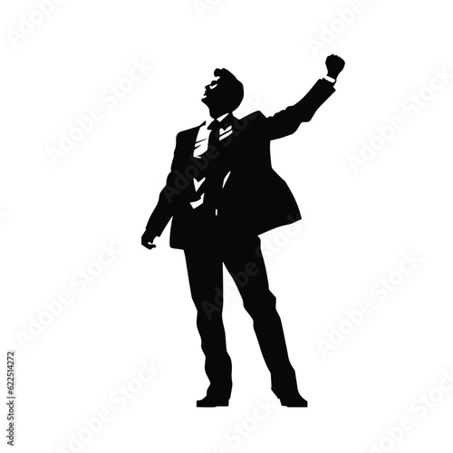 Silhouette man standing and raising hand, Successful businessman concept, Career goal logo icon. Victory sign or symbol, vector illustration.