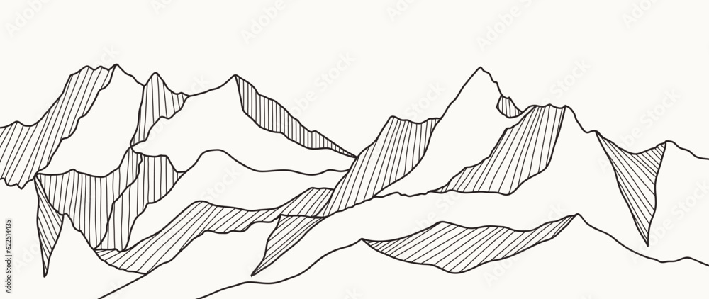 Black and white mountain line art wallpaper. Contour drawing luxury scenic  landscape background design illustration for cover, invitation background,  packaging design, fabric, banner and print. Stock Vector