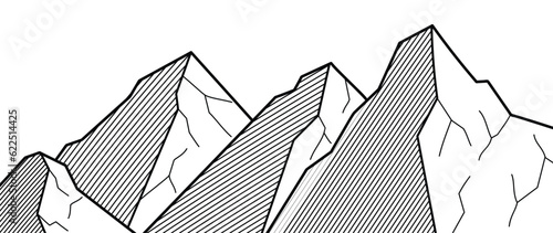 Black and white mountain line art wallpaper. Contour drawing luxury scenic landscape background design illustration for cover, invitation background, packaging design, fabric, banner and print.