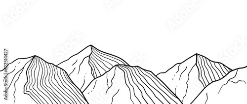 Black and white mountain line art wallpaper. Contour drawing luxury scenic landscape background design illustration for cover, invitation background, packaging design, fabric, banner and print.