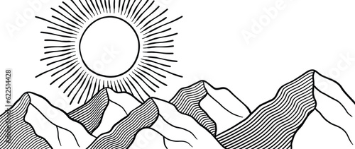 Black and white mountain line art wallpaper. Contour drawing luxury scenic landscape, sun background design illustration for cover, invitation background, packaging design, fabric, banner and print.