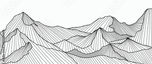 Black and white mountain line art wallpaper. Contour drawing luxury scenic landscape background design illustration for cover, invitation background, packaging design, fabric, banner and print.