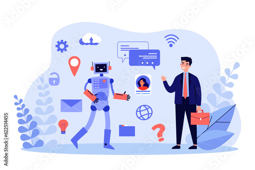 Man asking robot for help vector illustration. Chatbot assistant helping customer to contact people, find messages, maps, documents. Artificial intelligence functions and abilities concept