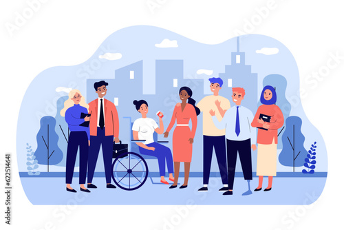 Group of happy diverse friends vector illustration. Inclusive team of people with disability and people of different religion and race working together. Diversity, teamwork, inclusion concept © Bro Vector