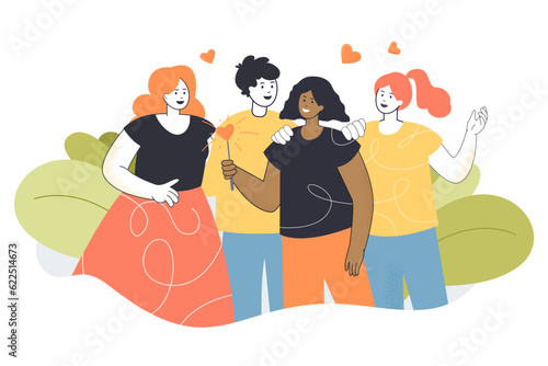 Happy lovers hugging vector illustration. Man in relationship with three women or diverse group of friends cuddling and laughing. Interracial family, polygamy, marriage concept