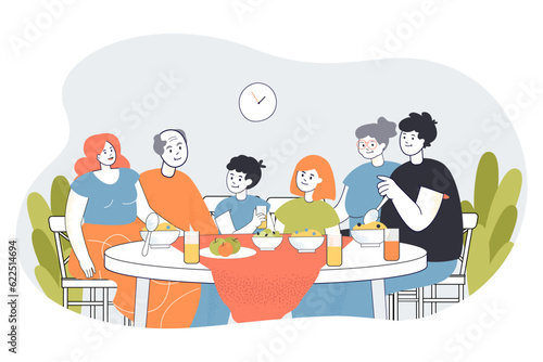Happy family eating meal together vector illustration. Grandparents, parents, children sitting at table, drinking and having dinner at home. Family reunion, holiday, togetherness concept