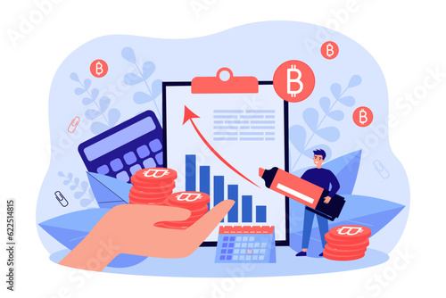 Hand giving money to investor vector illustration. Happy businessman investing in cyber currency to get profit, marking cryptocurrencies value rising on graph. Cryptocurrency, stock market concept