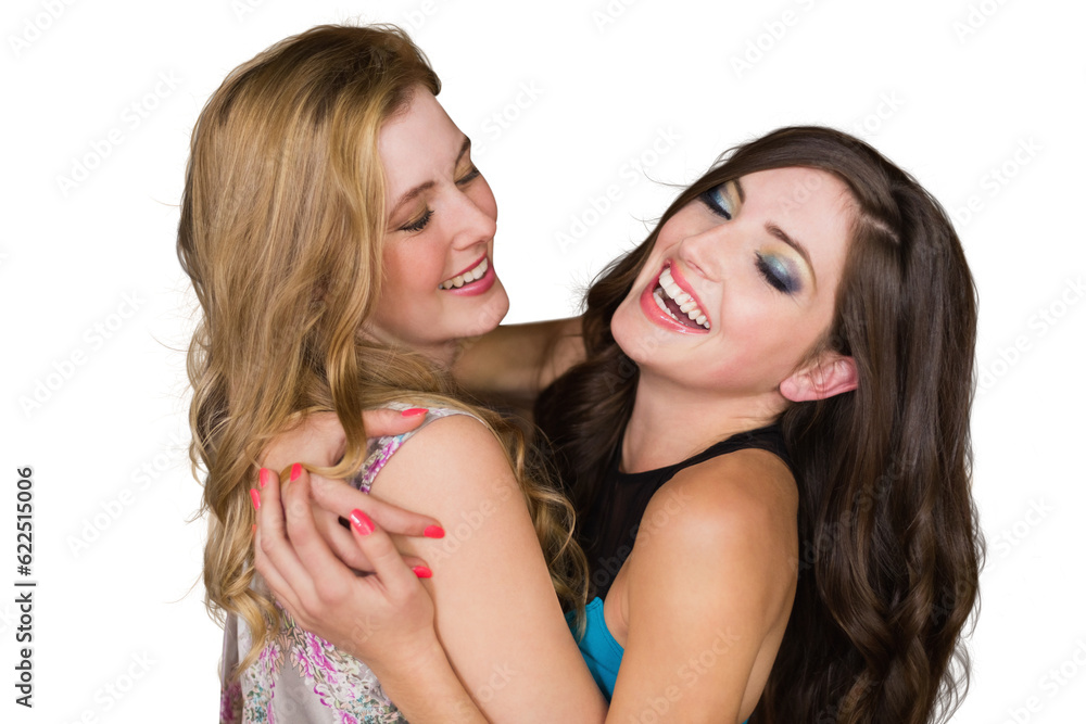 Digital png photo of caucasian female friends embracing and smiling on transparent background Digital png photo of caucasian female friends embracing and smiling on transparent background