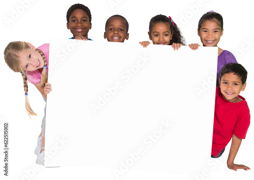 Digital png photo of diverse schoolchildren holding card with copy space on transparent background