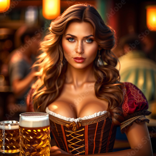 Young sexy Oktoberfest wearing traditional clothes waitress holding beers  AI Generation