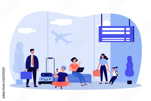 Worried passengers at airport vector illustration. Chaos at airport due to strike of workers, sad and angry men and women having problems while traveling. Traveling, workforce, stress concept