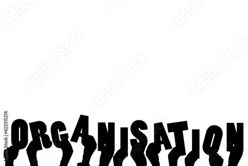 Digital png illustration of hands with organisation text on transparent background