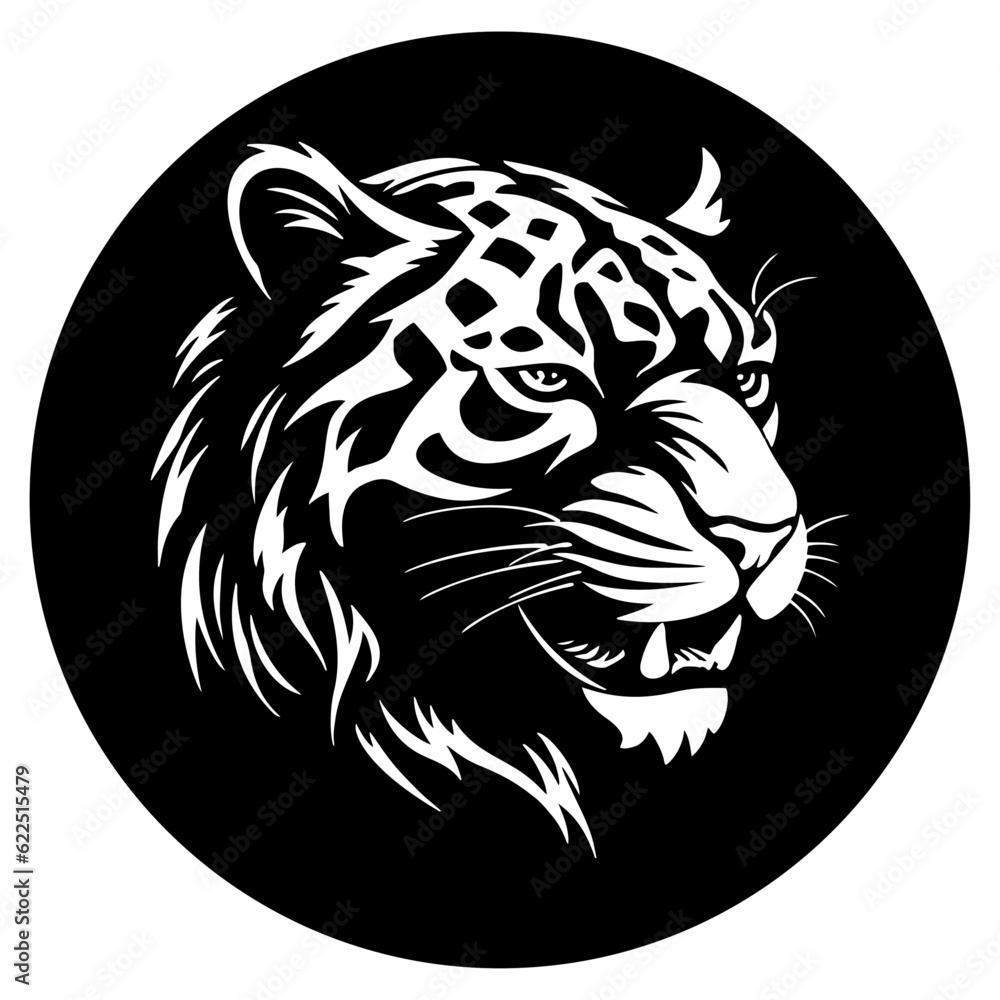 Head of a snow leopard in a black circle, in the style of stencils. low points Head of a snow leopard in a black circle, in the style of stencils. low points