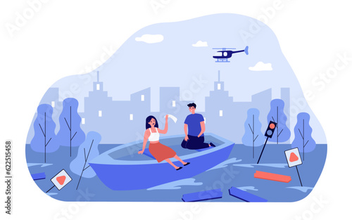 Couple in boat during flood in city vector illustration. Cartoon drawing of helicopter searching for man and woman floating on wooden boat. Flood, natural disaster, danger concept