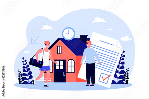 Happy man hosting rentals vector illustration. Tourist with bag signing rental contract with owner and moving in house for vacation. Short term rental housing ban, summer concept