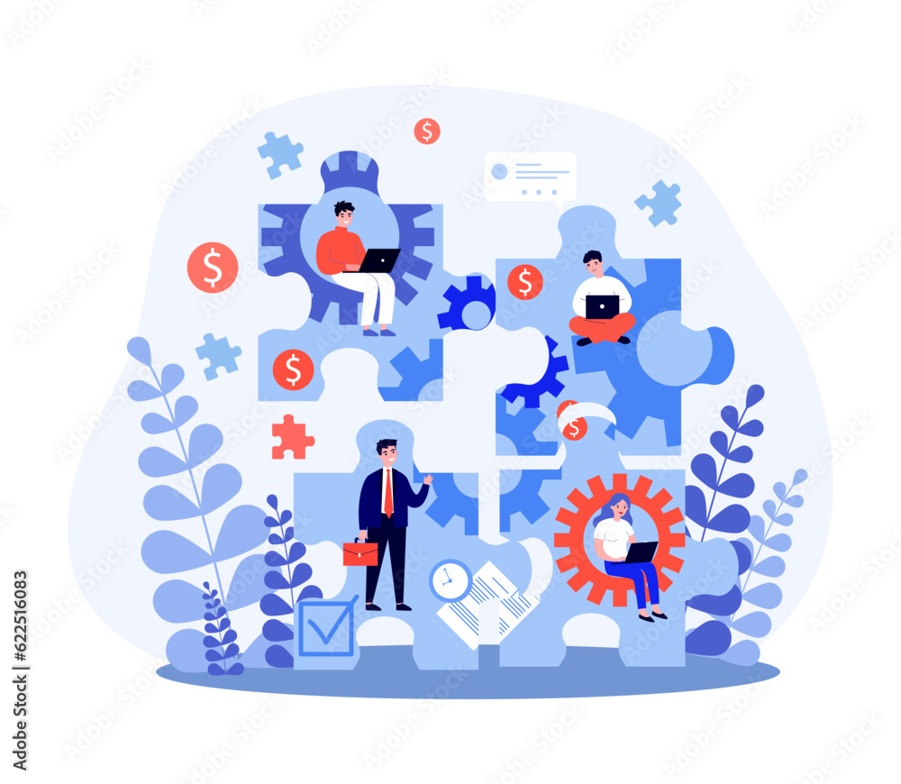 Coworkers in puzzle pieces vector illustration. People working together, using laptops, helping and supporting each other at work. Teamwork, collaboration, business concept Coworkers in puzzle pieces vector illustration. People working together, using laptops, helping and supporting each other at work. Teamwork, collaboration, business concept