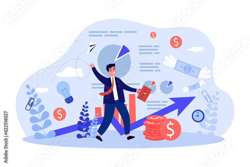 Happy businessman developing business vector illustration. Office worker celebrating success, generating ideas, making profit and investing money. Entrepreneurship, business development concept