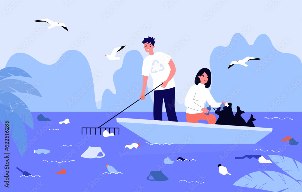 Volunteers catching garbage from water vector illustration. Eco activists on boat collecting plastic waste from rivers and oceans to recycle. Ecology, environment pollution concept
