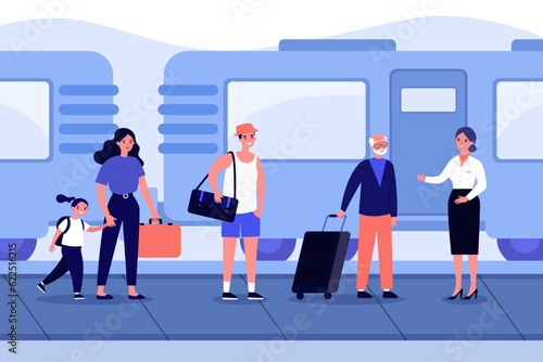 Happy family or travelers boarding train vector illustration. Cartoon drawing of people at railway station, train conductor, flight-free journey. Traveling, vacation, transportation concept