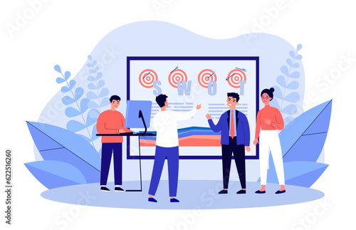 Businessmen holding conference vector illustration. People analyzing finances and resources, setting goals, doing market research. Business strategy and development, financial analysis concept