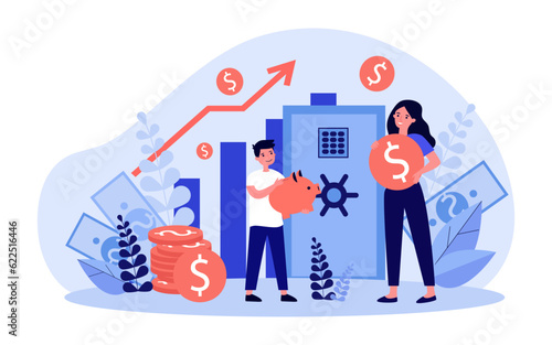 Mother and son planning budget vector illustration. Family saving money in safe and piggy bank, checking trading market and financial indicators. Investment, finance, stock market concept