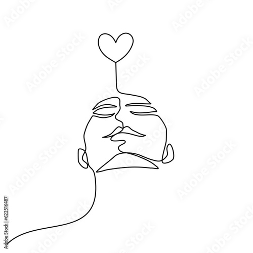 Continuous line art of a person with heart symbol, mental health concept. Lineart vector illustration.