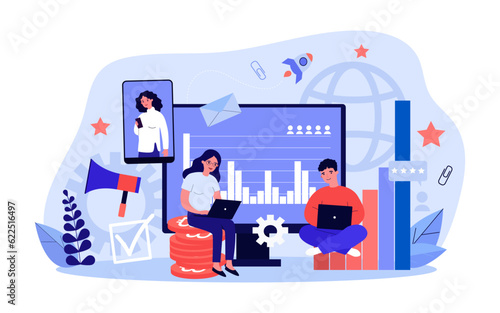 People working on social media marketing vector illustration. User watching online ad on smartphone, managers doing data analysis and making money. Digital marketing, business, advertising concept