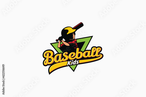 baseball logo with a combination of a cute baseball player and attractive lettering.