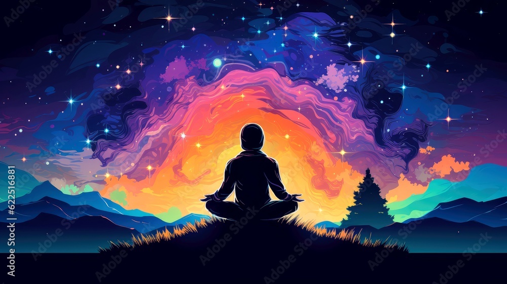 Human meditate, yoga. Psychic human considers mind and heart. Spirituality, esotericism, universe, cartoon style, Generative AI illustration Human meditate, yoga. Psychic human considers mind and heart. Spirituality, esotericism, universe, cartoon style, Generative AI illustration