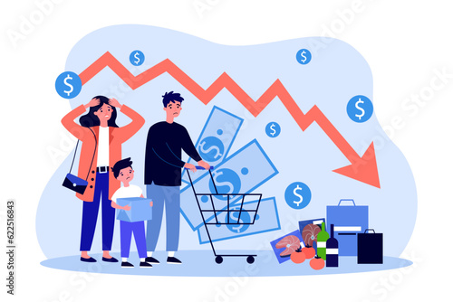 Family shocked at economic crisis vector illustration. Drawing of mother, son and father with shopping cart and downward arrow, pile of products. Inflation, recession, finances, economy concept