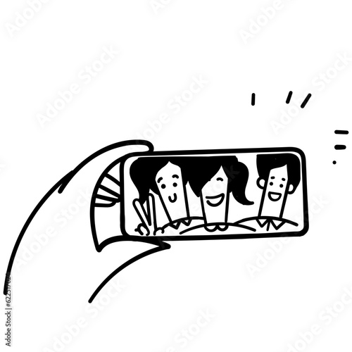 hand drawn doodle person group selfie on smartphone illustration