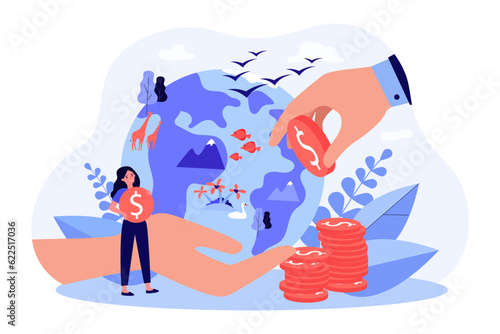 Hands exchanging money for planet vector illustration. Rich businessman investing in environment improvement, alternative energy sources, animal protection. Green wealth tax, ecology concept photo