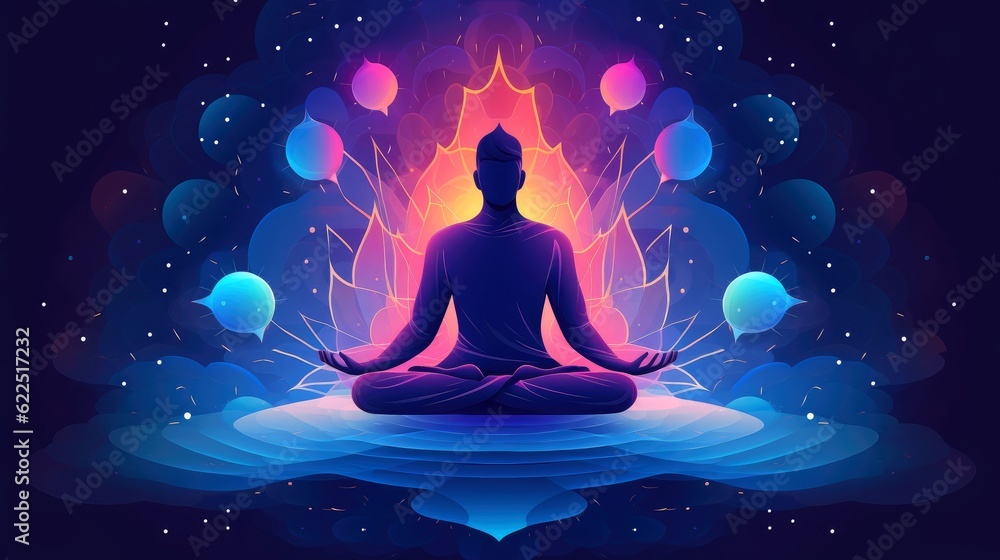 Human meditate, yoga. Psychic human considers mind and heart. Spirituality, esotericism, universe, cartoon style,  Generative AI illustration