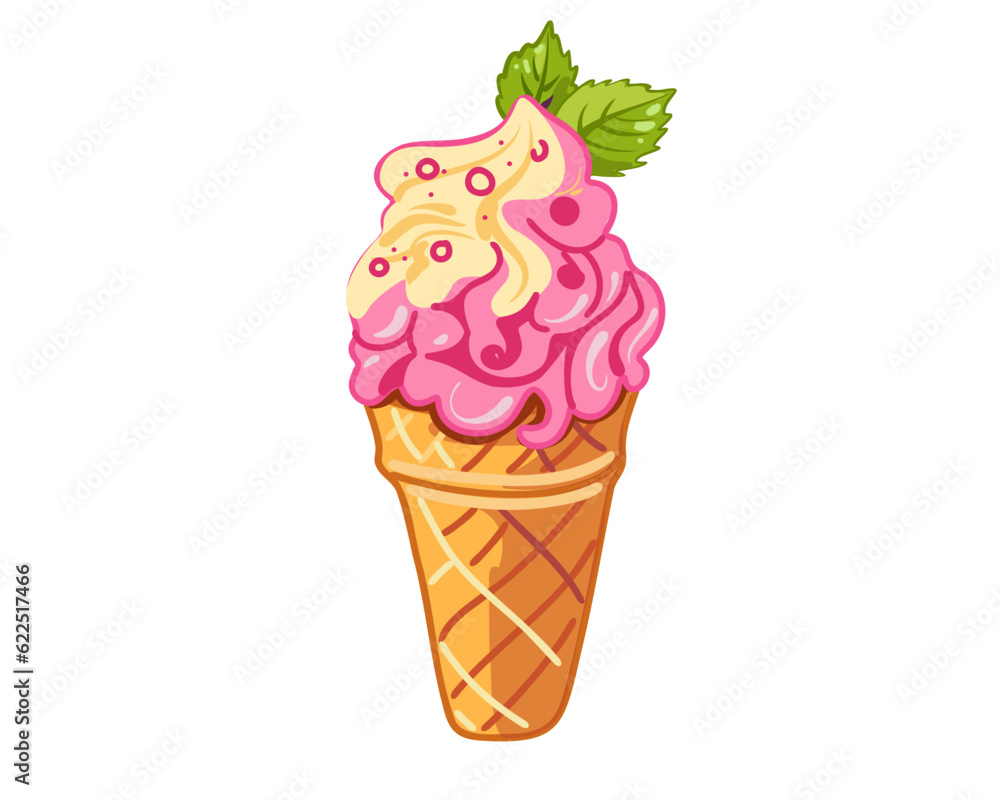 Vanilla berry ice cream in a waffle cone with mint leaves, vector illustration isolated on a white background