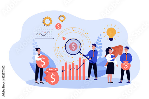 Employees analyzing corporate finances vector illustration. Cartoon drawing of accountants or workers managing company budget, charts, innovations. Finances, budget, business, management concept