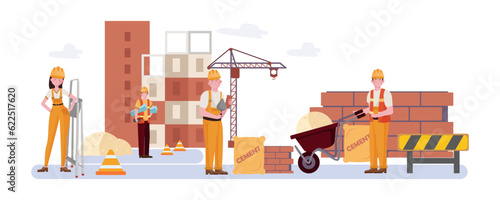 Lack of workers at construction site vector illustration. Drawing of engineers, builders building house, cement, bricks, equipment. Workforce, construction, labor crisis, vacancy, recruitment concept