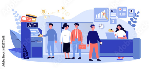 Cryptocurrency transactions via banking or financial services. People exchanging currency in ATM or bank vector illustration. Fintech, cryptocurrency, finances, banking concept