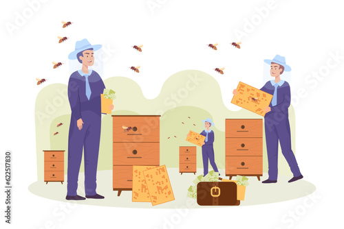 Happy beekeepers and bag with cash Vector illustration. Cartoon drawing of people growing bees for money, threat to species and ecology. Beekeeping, agriculture, commerce, ecology concept