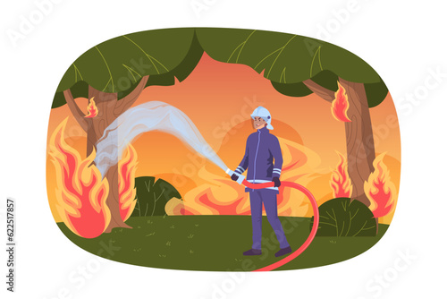 Firefighter pouring water at burning tree vector illustration. Forests on fire because of high temperature and drought in summer. Natural disaster, global warming, fire danger concept