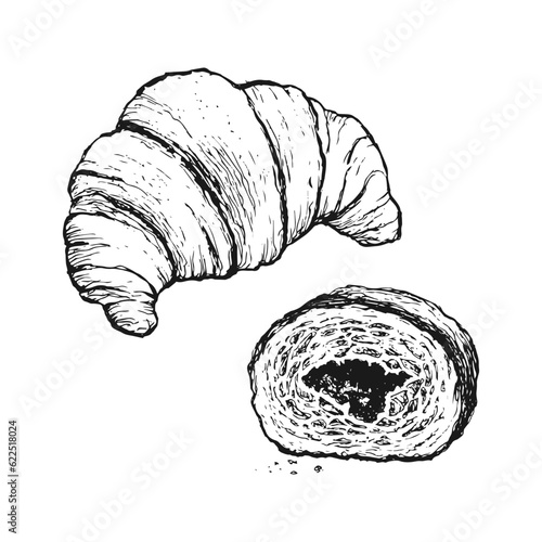 Fresh baked croissant in hand drawn style. Bakery sketch. Vector illustration isolated on white background.