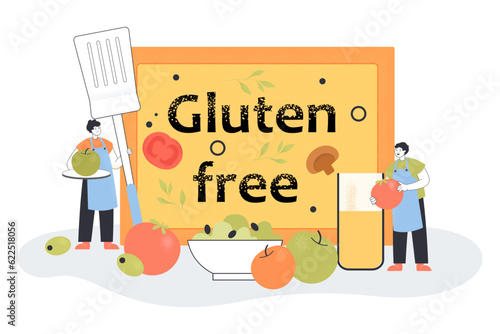 Gluten free food banner vector illustration. Happy people cooking healthy food with fruits and vegetables, making fresh juice, avoiding bread and pasta. Healthy diet, health care concept
