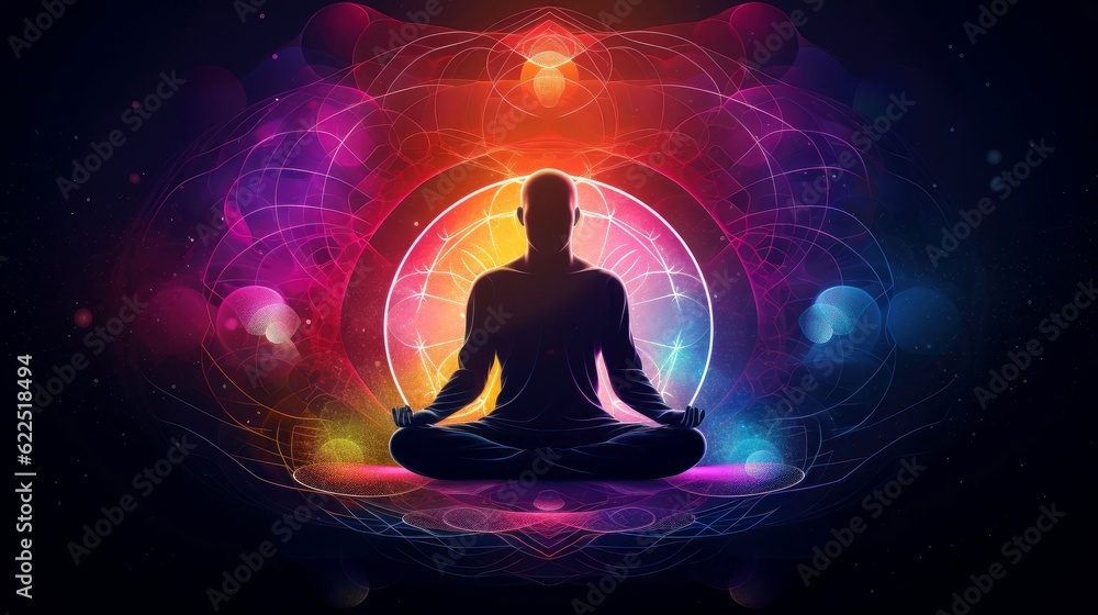Human meditate, yoga. Psychic human considers mind and heart. Spirituality, esotericism, universe, cartoon style, Generative AI illustration Human meditate, yoga. Psychic human considers mind and heart. Spirituality, esotericism, universe, cartoon style, Generative AI illustration