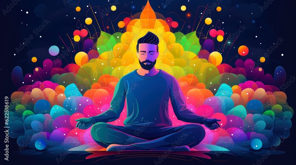 Human meditate, yoga. Psychic human considers mind and heart. Spirituality, esotericism, universe, cartoon style, Generative AI illustration Human meditate, yoga. Psychic human considers mind and heart. Spirituality, esotericism, universe, cartoon style, Generative AI illustration