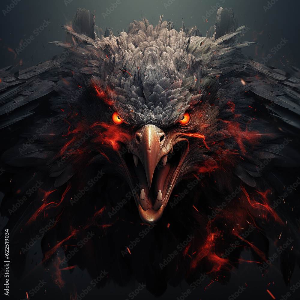 Image of an angry devil eagle terrifying and flames on dark background. Bird, Wildlife Animals. Illustration, Generative AI. Image of an angry devil eagle terrifying and flames on dark background. Bird, Wildlife Animals. Illustration, Generative AI.