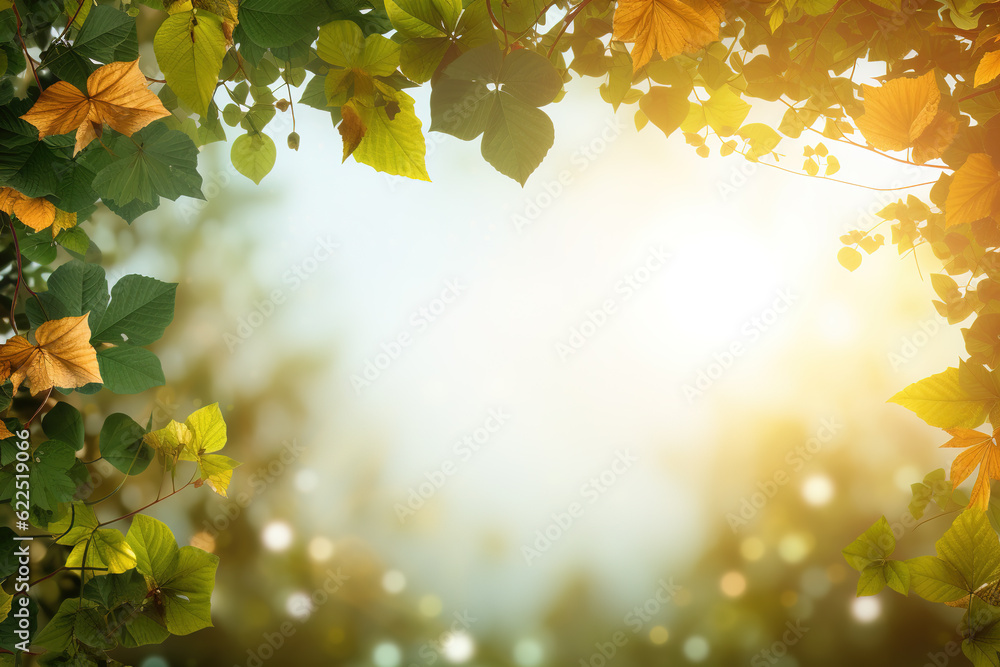 Obraz premium Empty space surrounded by beautiful leaves with an empty backdrop and beautiful lighting and bokeh. Green leaves frame. Illustration, Generative AI.