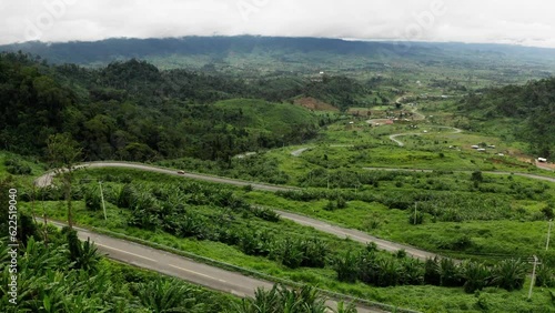 Aerial mountain view with road in Cambodia, South East Asia. Landscape forest view in Pursat. Phnom 1500.