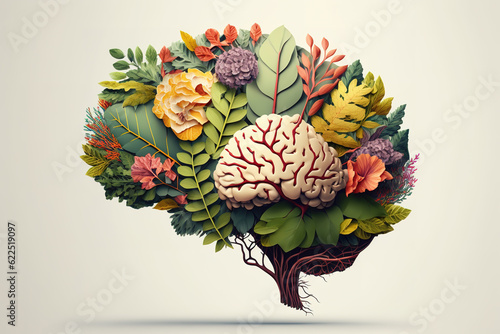 Image of human brain made from flowers and leaves on a clean background. Illustration, Generative AI.