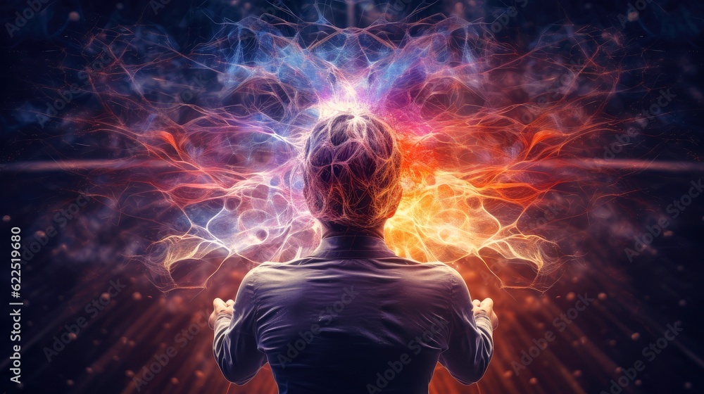 Energy of Thought. Human head emitting abstract fractal structure to illustrate working of human mind, Generative AI illustration